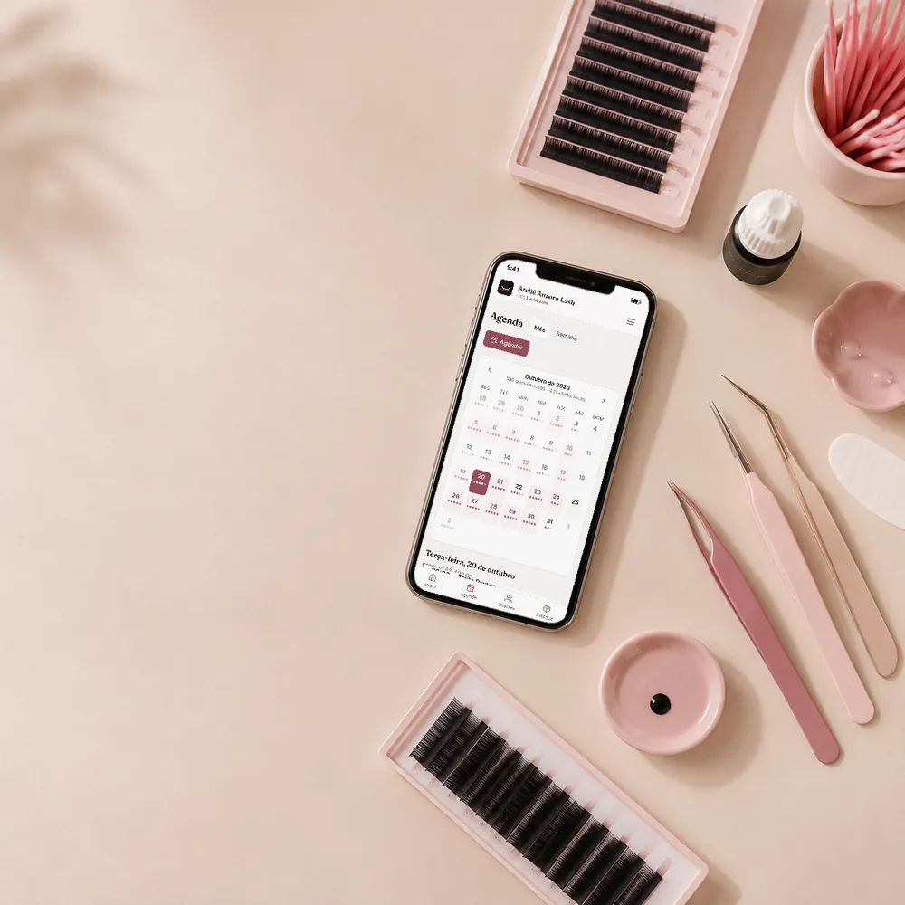 Celular com a agenda do mês do LashBoard sobre a bancada, ao lado de pinças e cílios